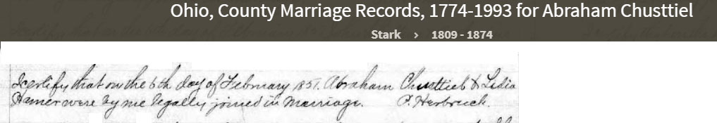 Marriage record for Abraham Christlieb and Lydia Horner