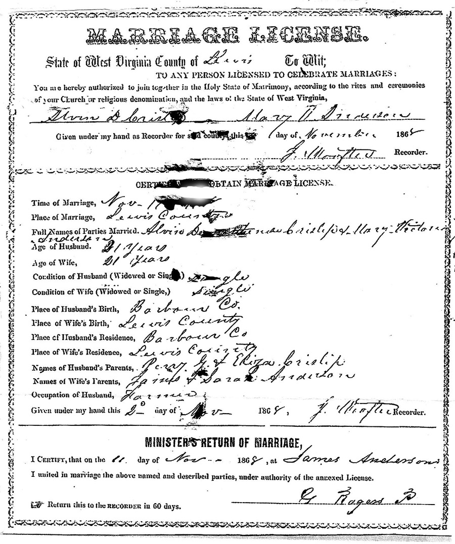 Alvin & Mary Crislip Marriage License