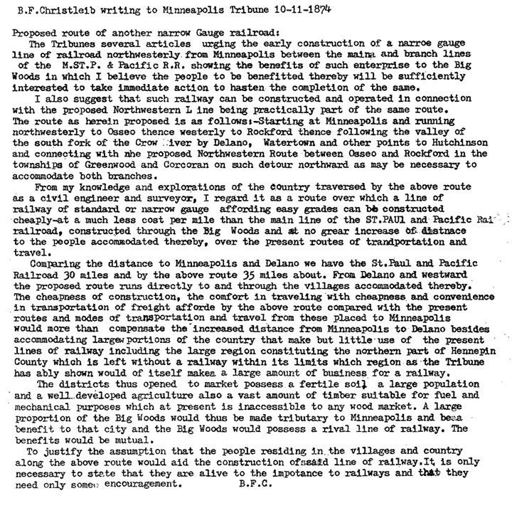 B F Christlieb letter to Minneapolis Tribune