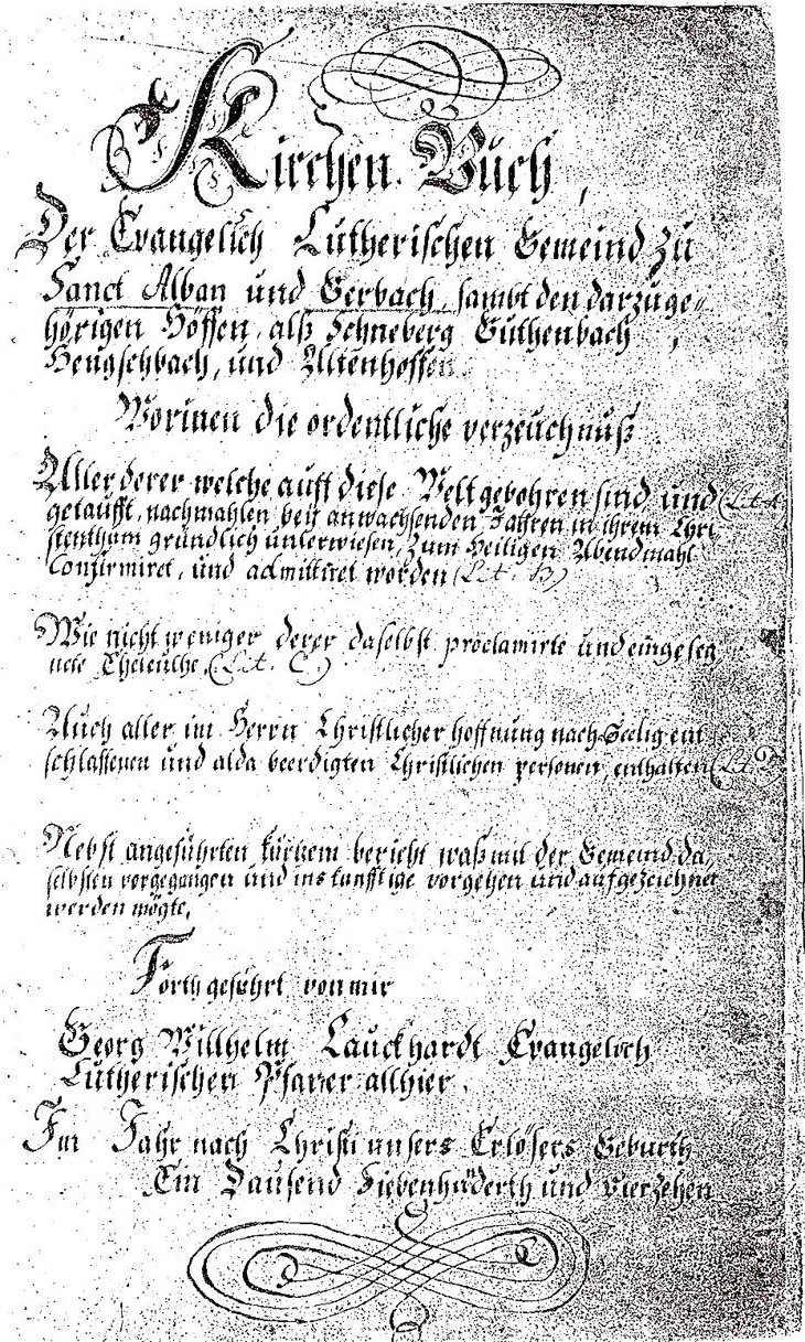1714 Lutheran Church Register Title Page in
St. Alban and Gerbach, Germany